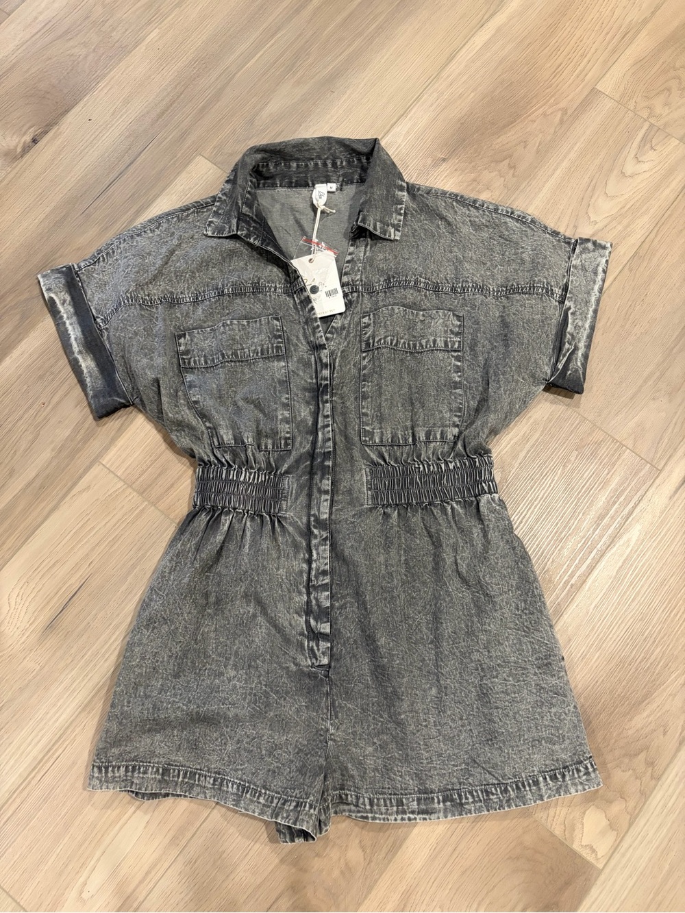 NWT Elan Washed Gray Denim One-Piece Romper shorts size medium